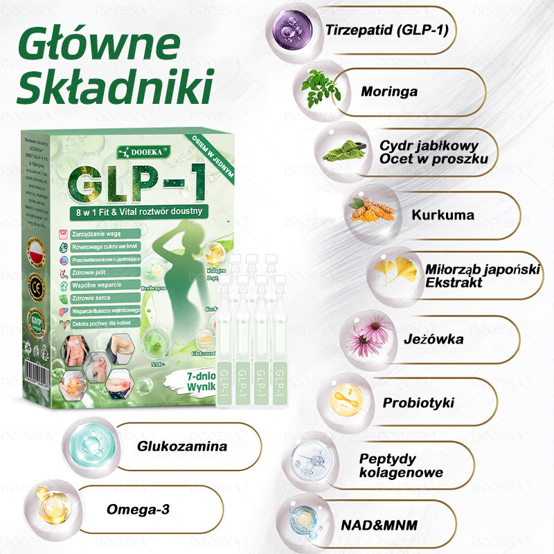 🌿🌿DOOEKA® GLP-1 8 w 1 Fit & Vital roztwór doustny – Raz dziennie, widoczne zmiany w ciągu 7 dni / W przypadku otyłości, zdrowia serca i układu krążenia, cukrzycy, bezdechu sennego, zdrowia jelit, problemów ze stawami i wielu innych